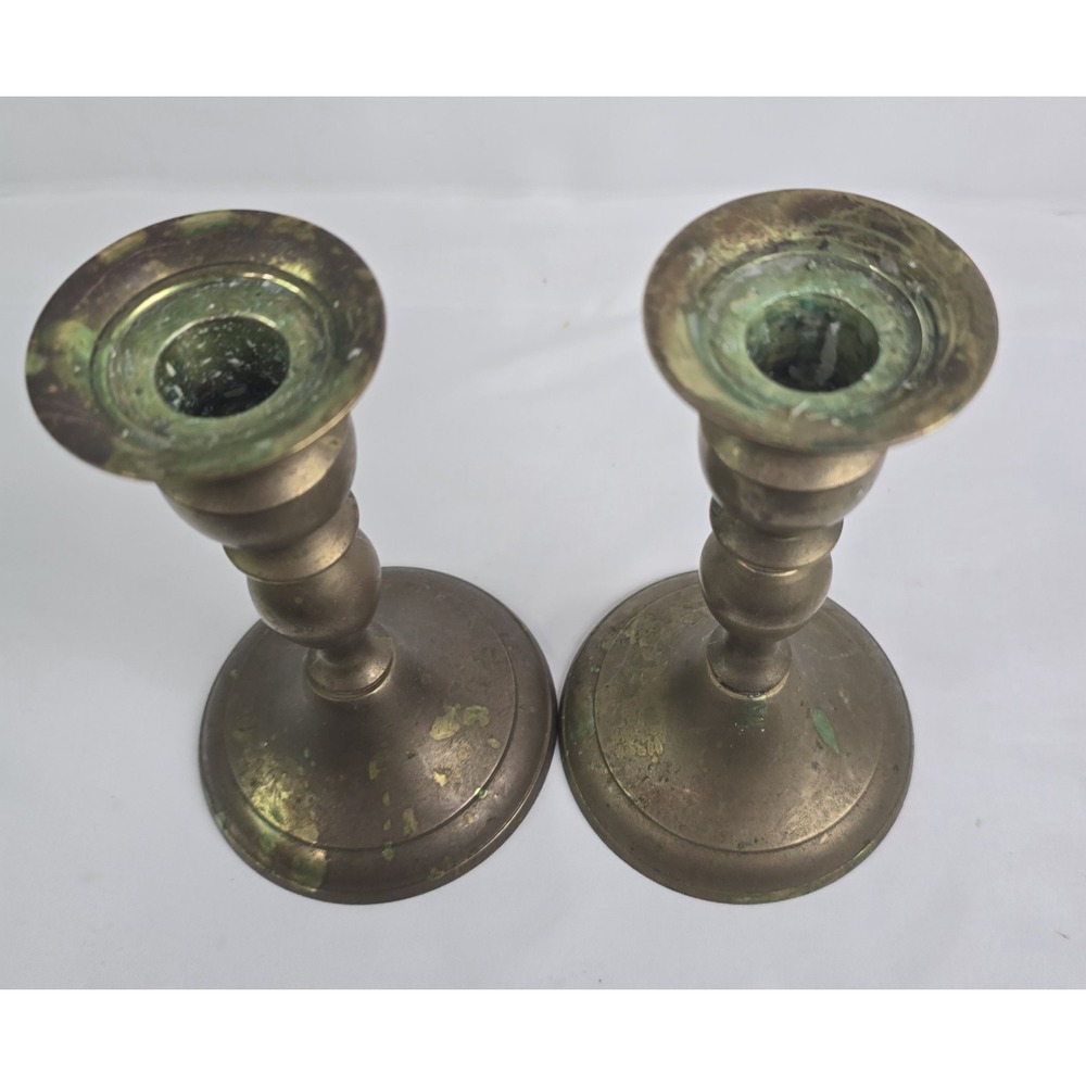 Pair Brass Metal Traditional Decorative Round Taper Candlestick Holders - Picture 2 of 3